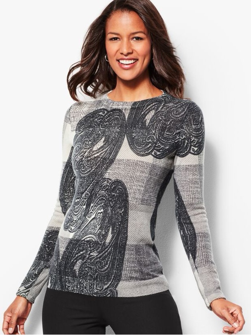 Talbots Pure Cashmere Sweater L Black Gray Ivory Paisley Print 100% Cashmere